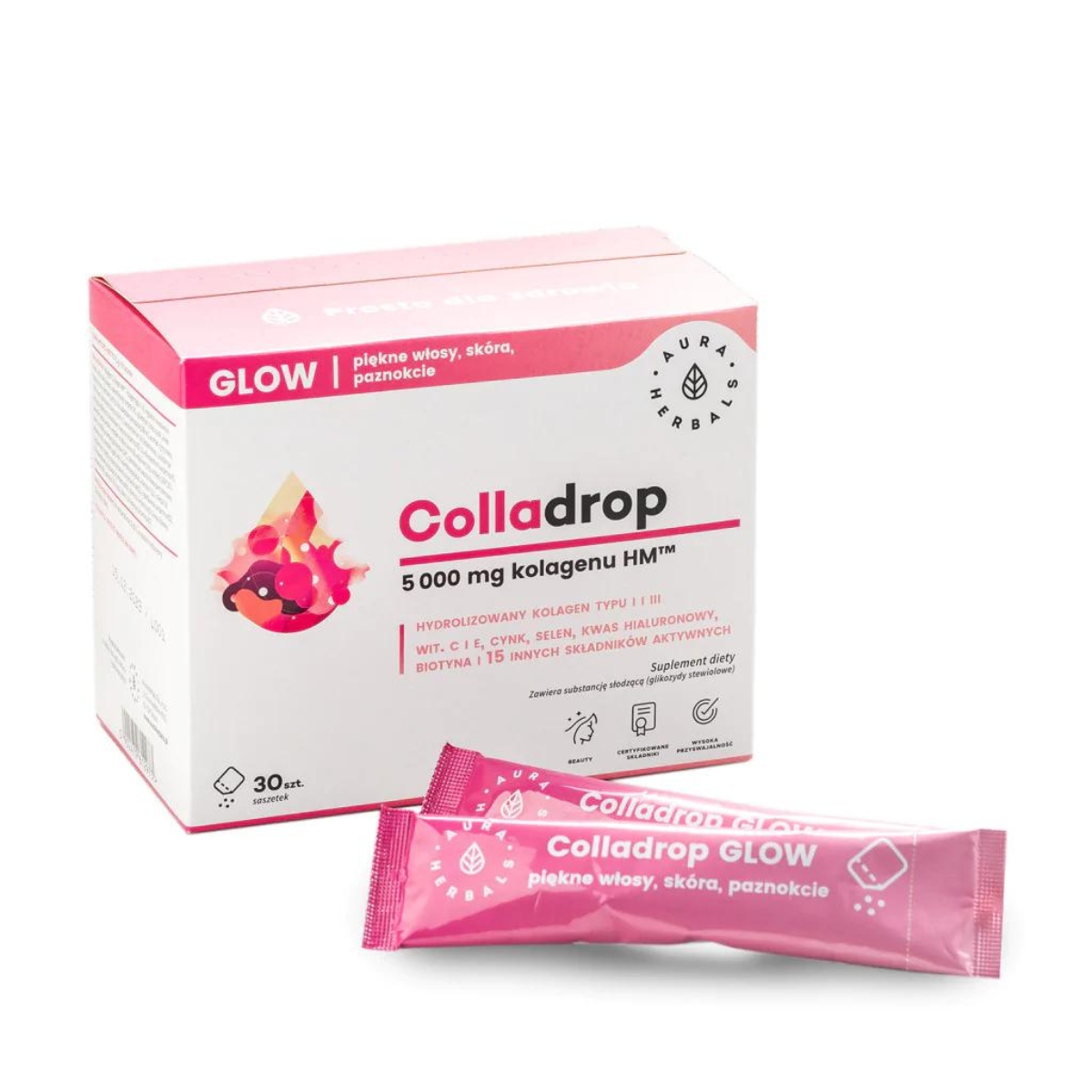 Aura Herbals - Colladrop Glow - Kolagen w saszetkach do picia 5000 mg - 30 sztuk