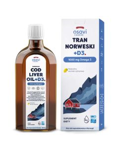 Tran norweski + D3, 1000 mg Omega 3, naturalny aromat cytrynowy - 250 ml