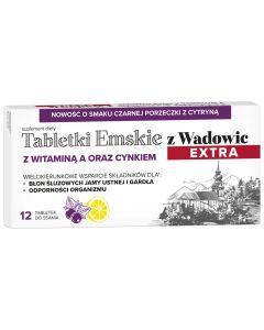 POLSKI LEK Tabletki Emskie z Wadowic Extra o smaku czarnej porzeczki z cytryną z witaminą A oraz cynkiem, 12 szt