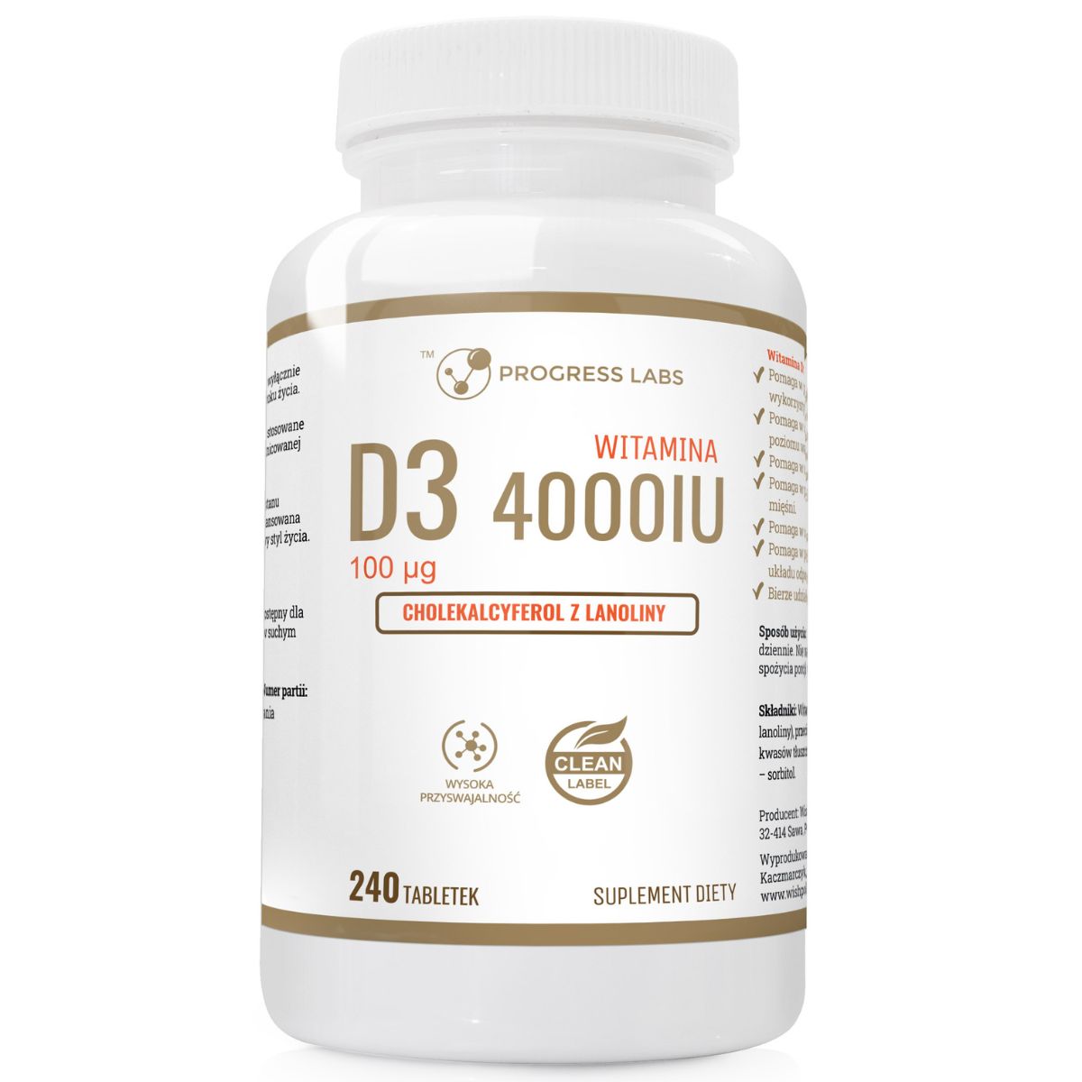 Witamina D3 4000IU Odporność Mocne Kości Progress Labs - 240 tabletek