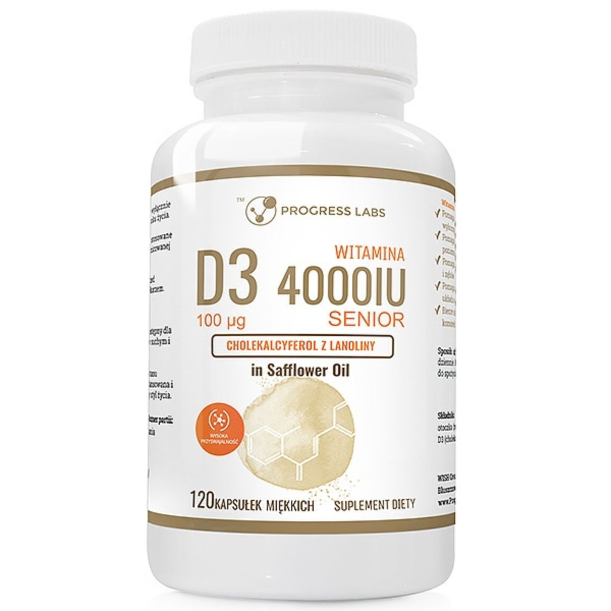Witamina D3 4000IU w oleju z krokosza Progress Labs - 120 kapsułek miękkich