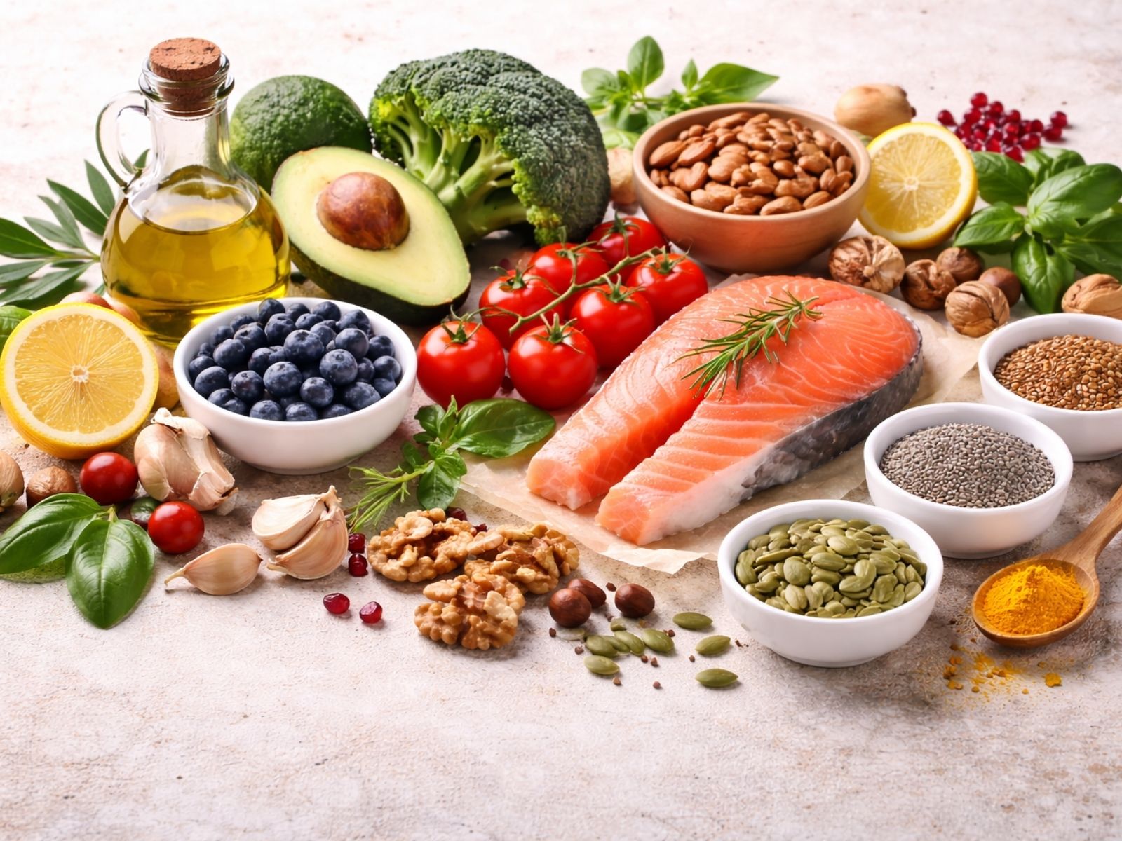 Produkty diety przeciwzapalnej — warzywa, ryby tłuste, oliwa z oliwek i zioła