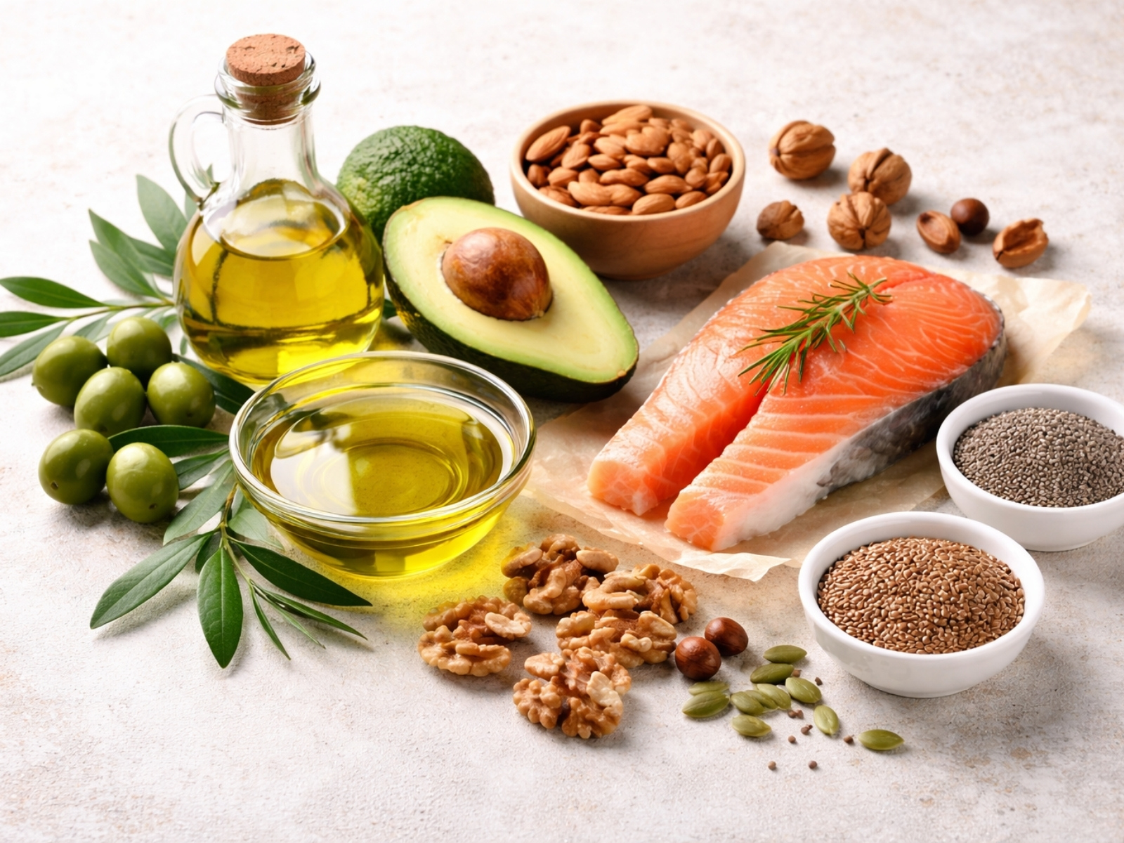 Zdrowe tłuszcze w diecie — oliwa z oliwek, awokado, orzechy, ryby i nasiona na blacie kuchennym