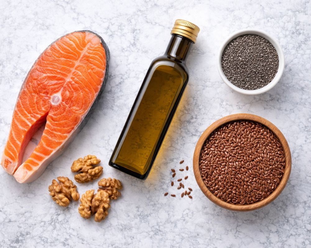 Źródła omega-3 w diecie — ryby, orzechy włoskie, olej lniany, awokado